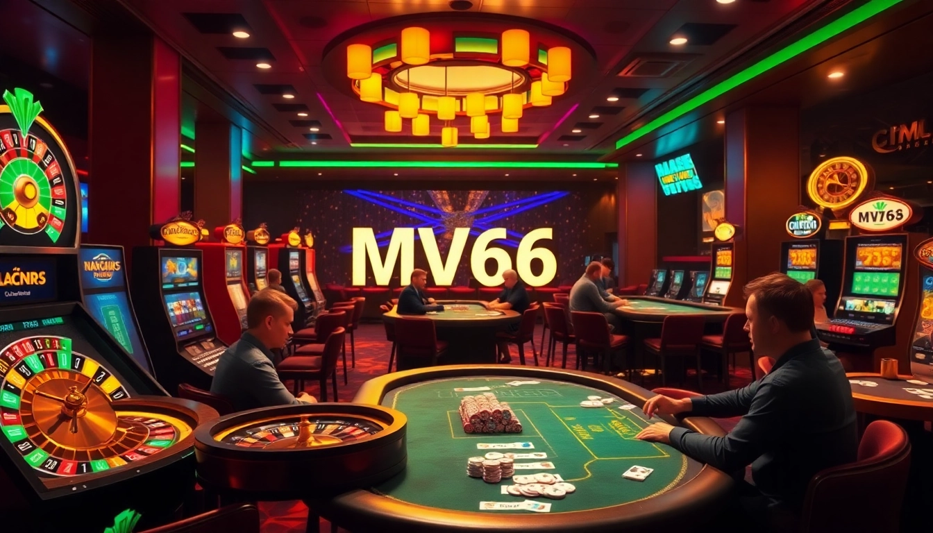 Players enjoying a thrilling gambling experience at MV66 online casino surrounded by vibrant games.