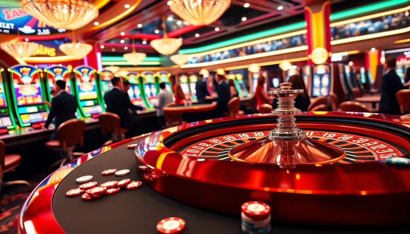 Excitement of gambling at 33win com with glamorous casino tables and vibrant slot machines.