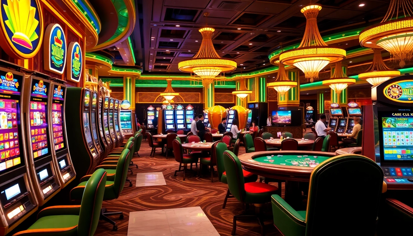 Luckywin slot machines and poker tables create an exciting gambling atmosphere.