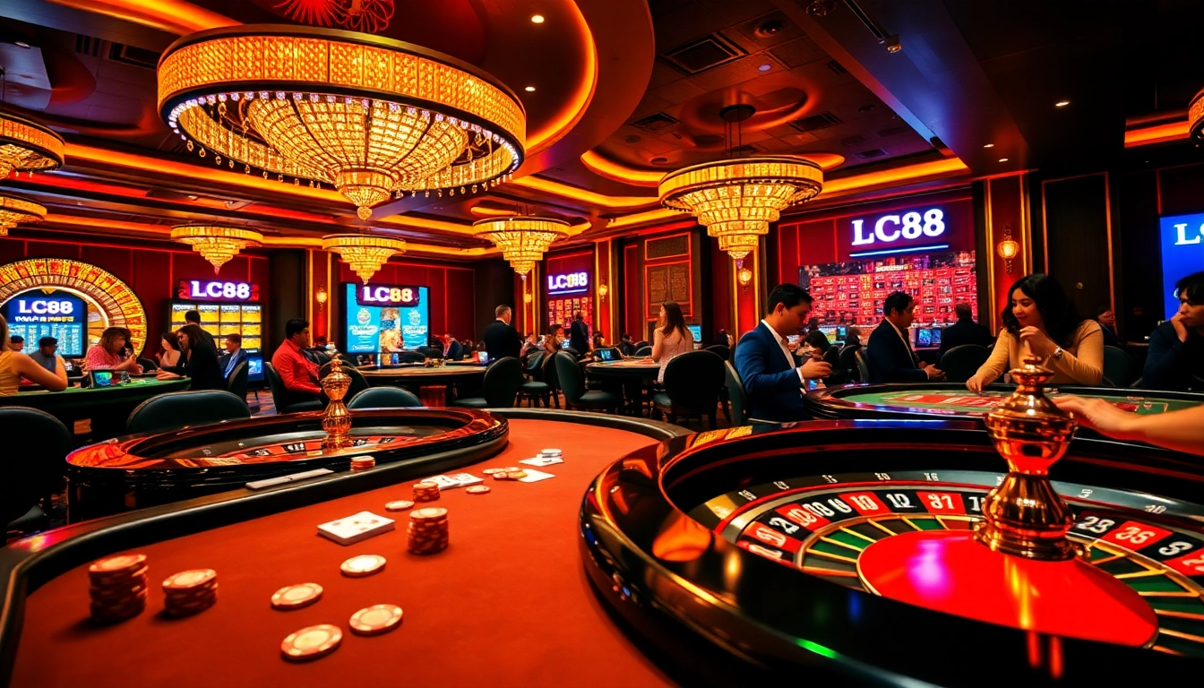 Experience the thrill of LC88 as players engage in exciting casino games under vibrant lights.