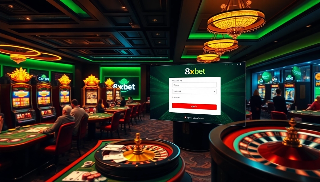 Engaging scene of đăng nhập 8xbet with players enjoying online gambling on vibrant casino tables.