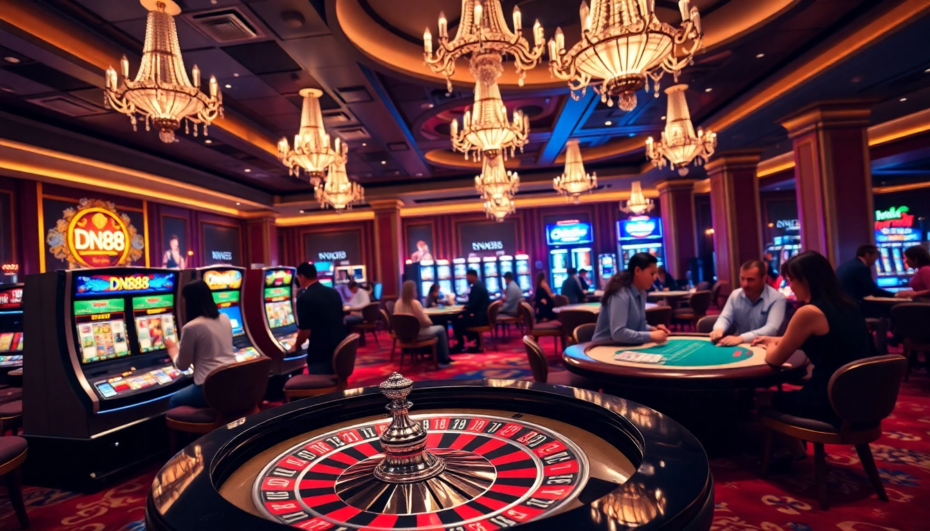 Experience thrilling gameplay at DN88 casino with vibrant tables, poker chips, and exciting slot machines.