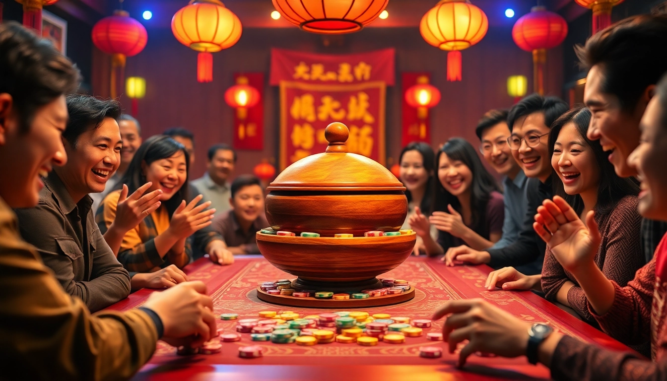 Xóc đĩa game setup featuring players and vibrant betting chips in a lively atmosphere.