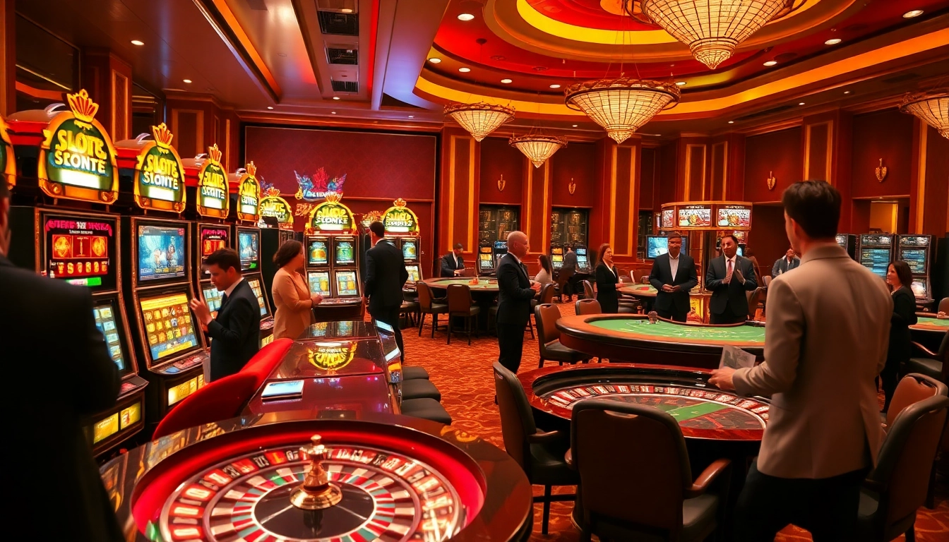 Engage with thrilling SLOTS8 casino gameplay amid luxurious slot machines and vibrant atmosphere.