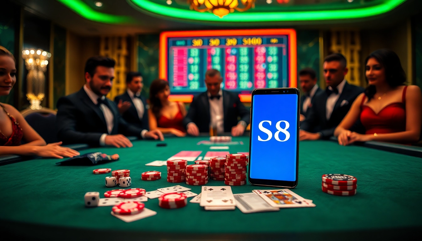 Players enjoying a high-stakes game at an S8 casino table with vibrant chips and cards.