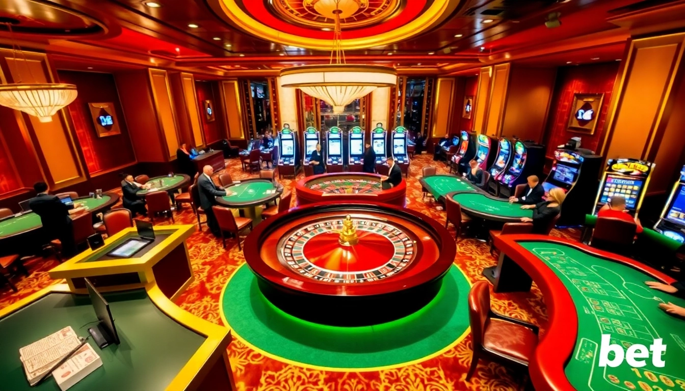 Experience vibrant gaming excitement at 999bet's luxurious casino floor with roulette and poker tables.