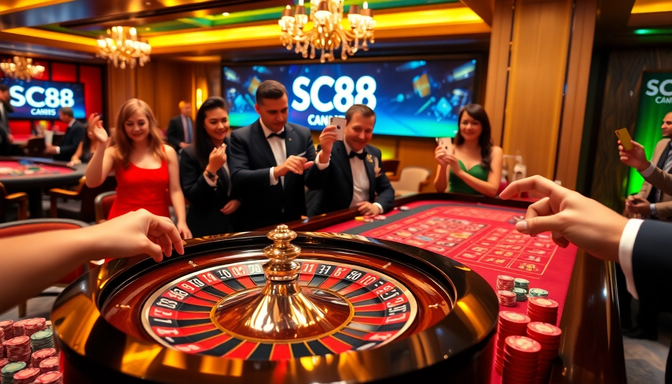 SC88 casino players excitedly placing bets at a roulette table for thrilling gameplay.