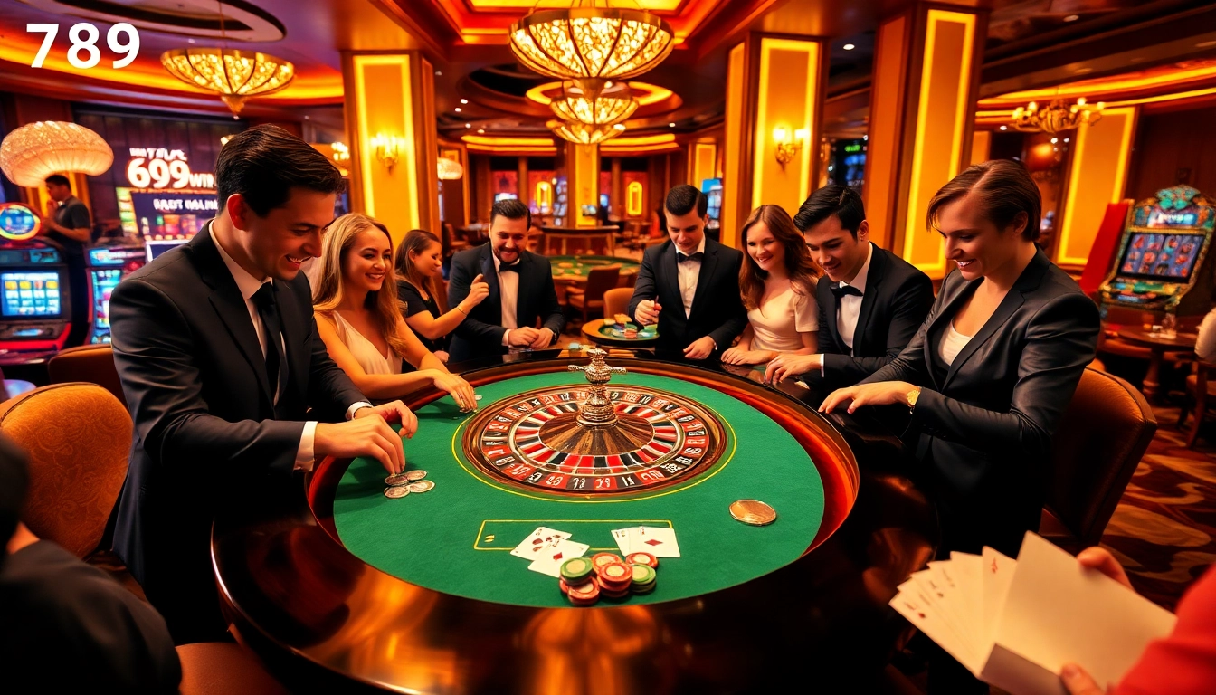 Excited players engaging with gaming tables at 789win online casino.