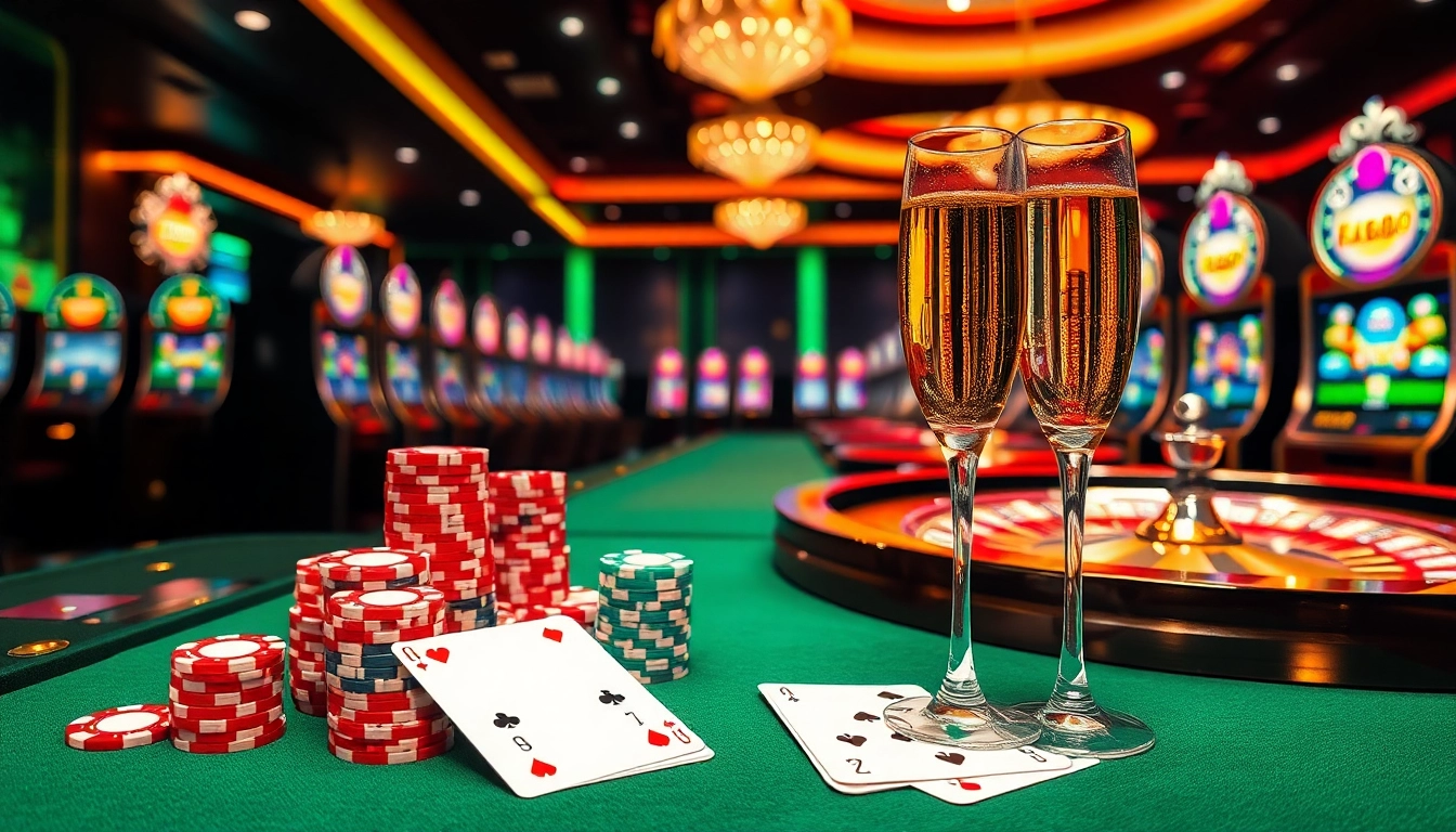 Players enjoying excitement at a luxurious casino table with KP88 chips, cards, and roulette.