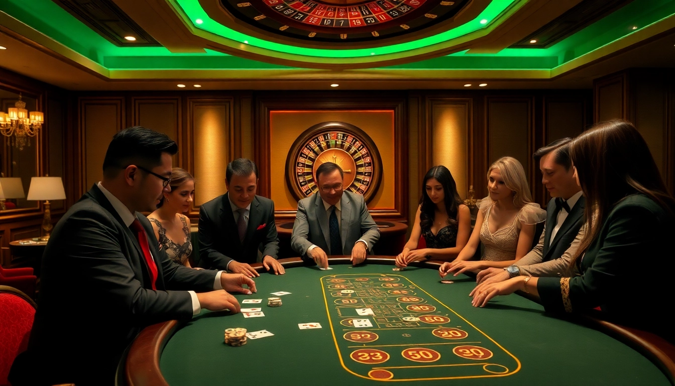Engaged players showcase their strategy at a cm88 blackjack table in a luxurious casino setting.