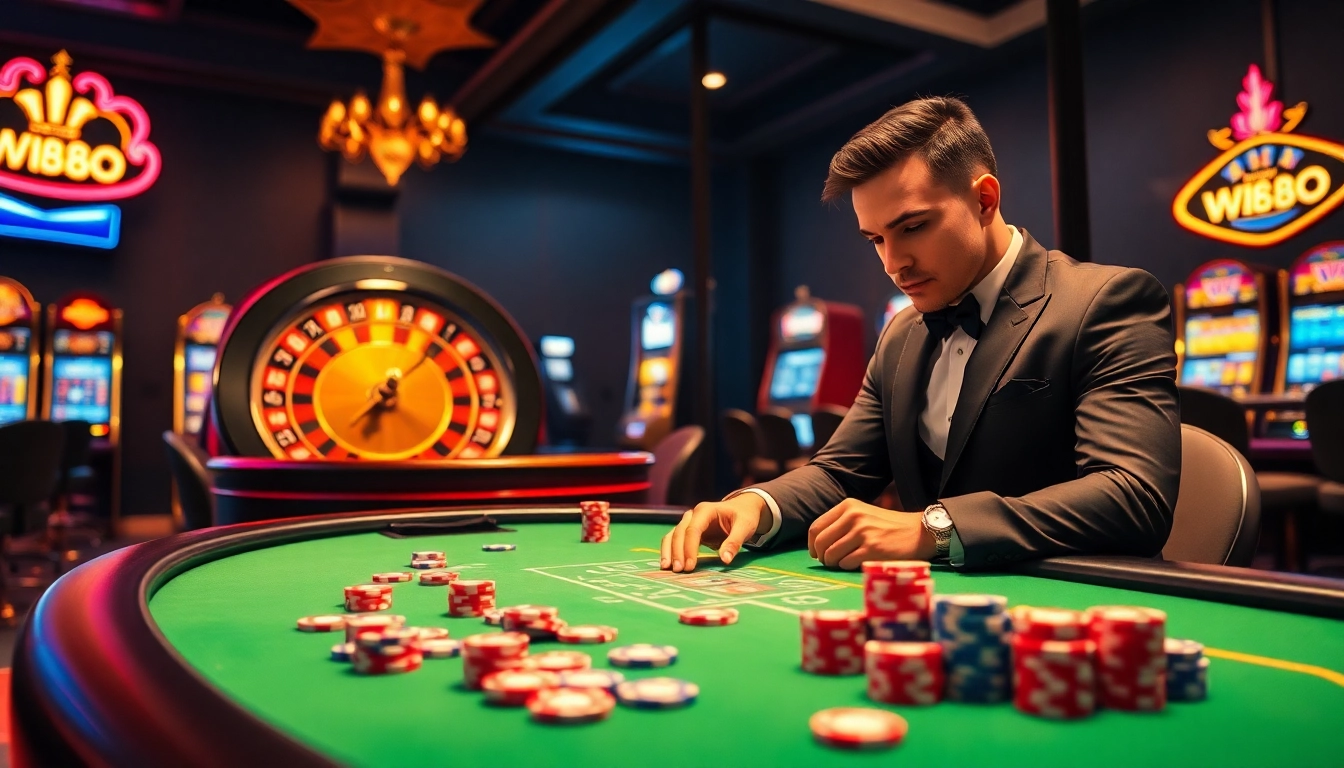 Exciting gambling scene featuring a poker table and roulette wheel at ww 88 casino.