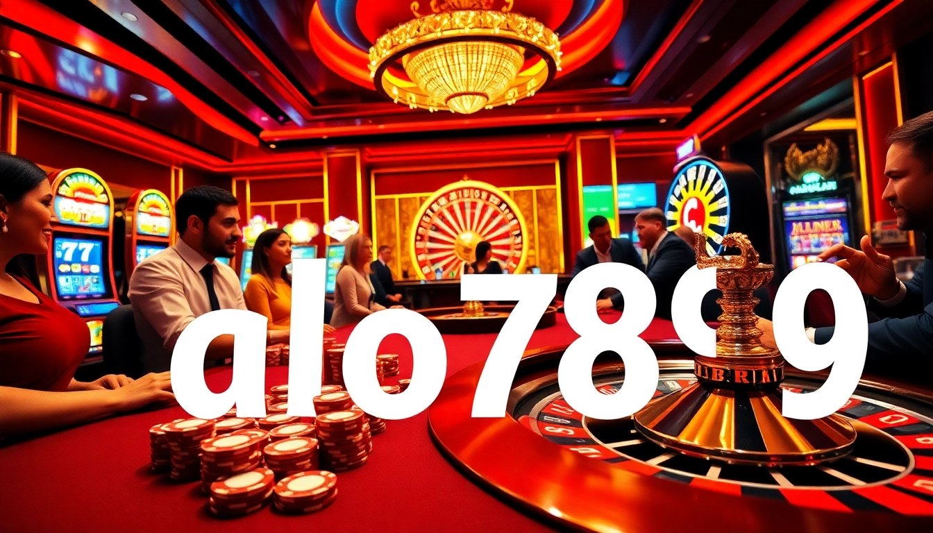 Players engaged in a thrilling game at alo789 casino table with vibrant slot machines in the background.