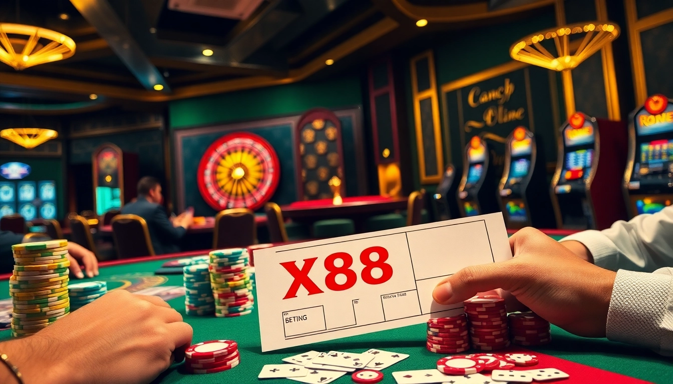 X88 casino ambiance with poker chips and a spinning roulette wheel, embodying excitement and strategy.
