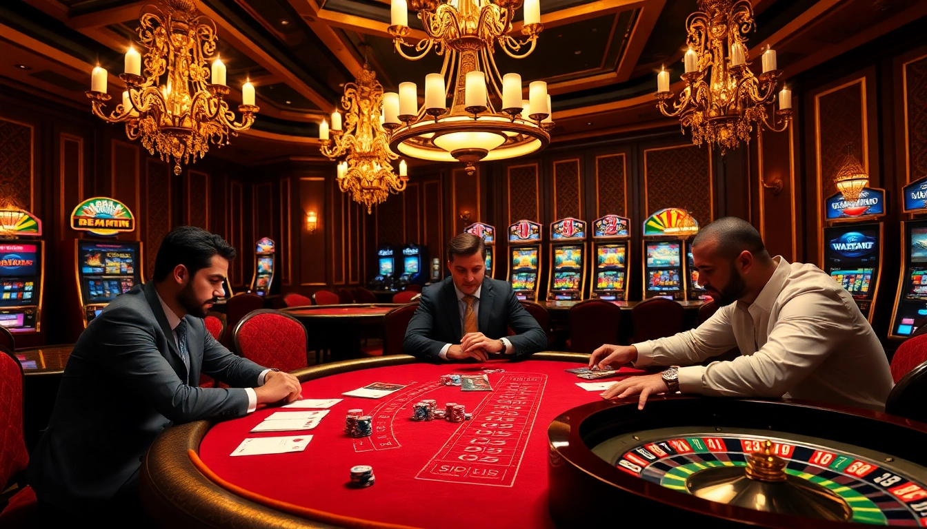 Poker players gathering around a vibrant table in a luxurious casino, showcasing excitement and strategy at https://okking.group/.