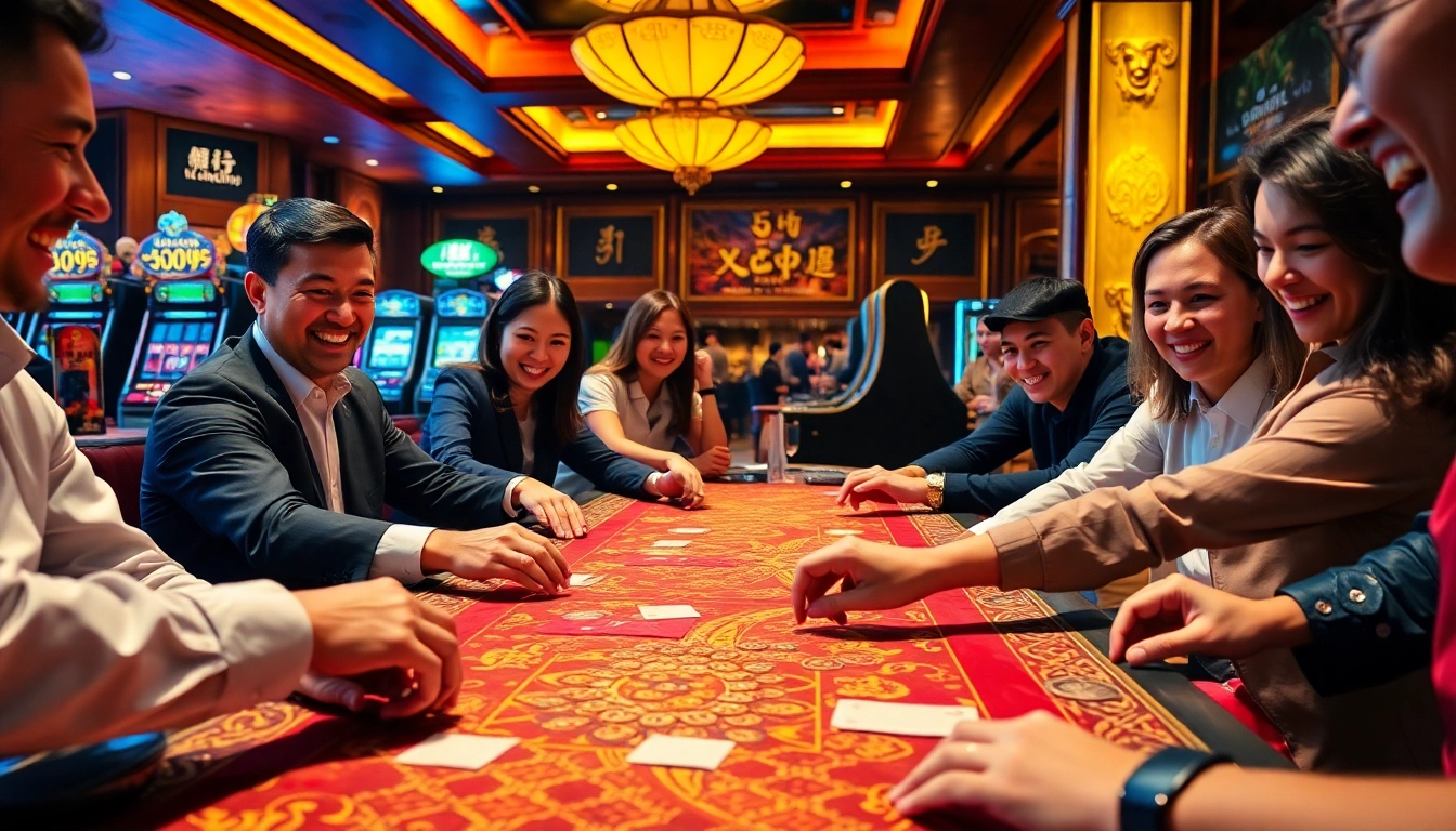 Engaging players enjoying the thrilling game of xóc đĩa in a vibrant casino setting.
