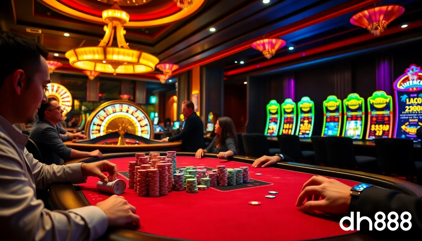Players enjoying a thrilling game at dn88 casino with poker chips and roulette wheel.
