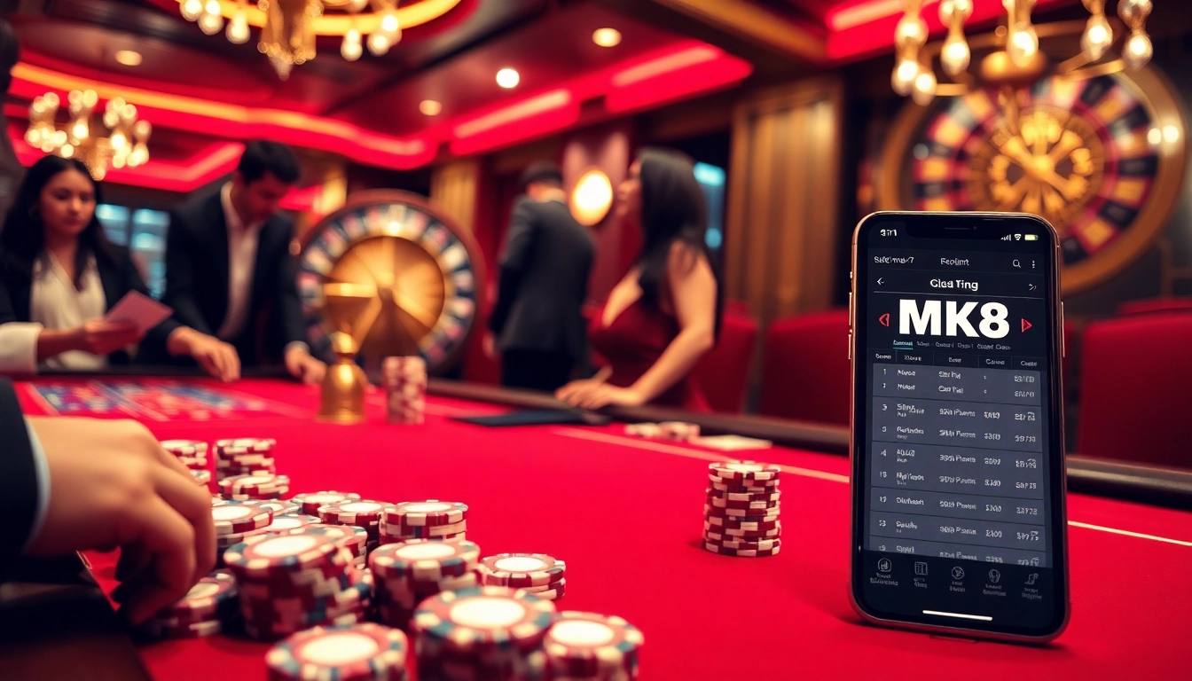 Engaging players betting on MK8 at a luxury casino poker table with chips and cards.