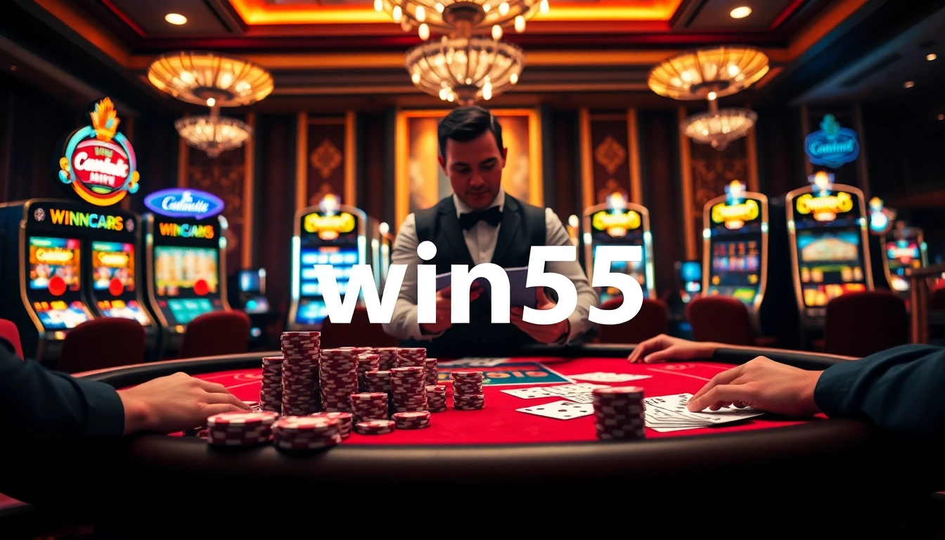 Win55 players enjoying a thrilling poker game at an elegant casino table surrounded by slot machines.