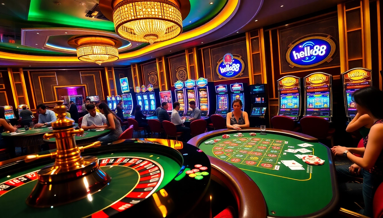 Engaged players at a luxurious casino with hello88 jackpot-themed slot machines and vibrant gaming action.