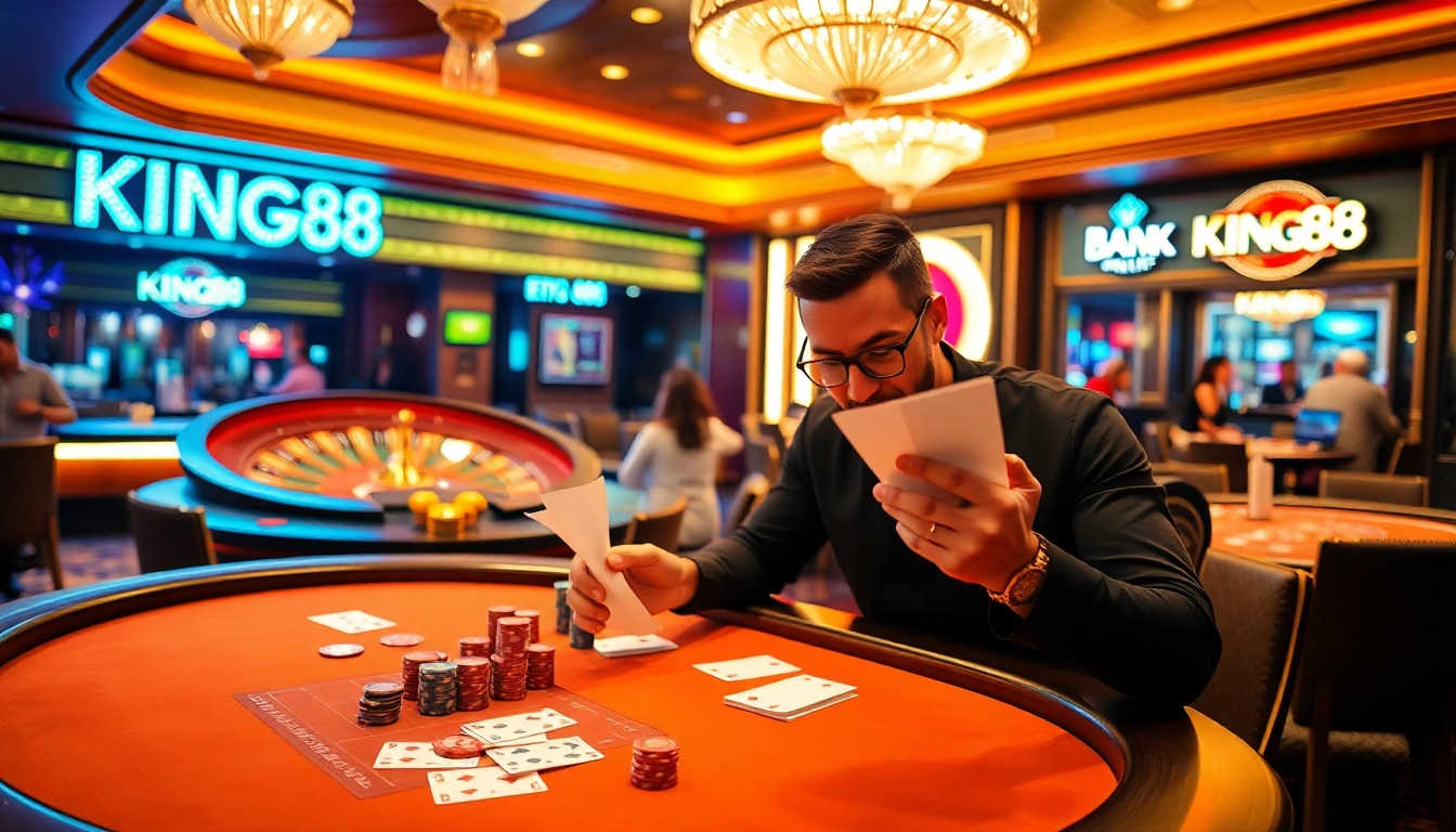Engage in thrilling casino gaming at KING88 with vibrant poker tables and colorful chips.