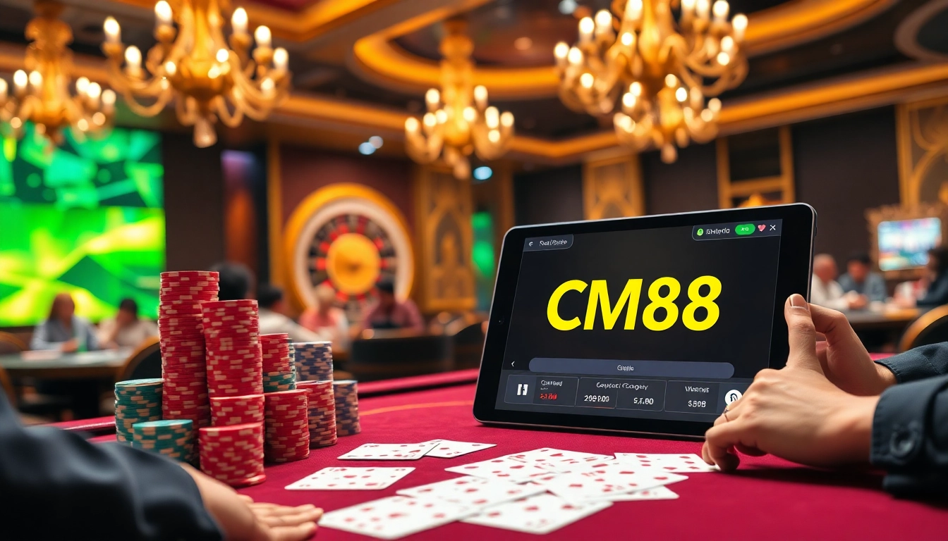 Engage in high-stakes poker with CM88 casino chips stacked and players in action.