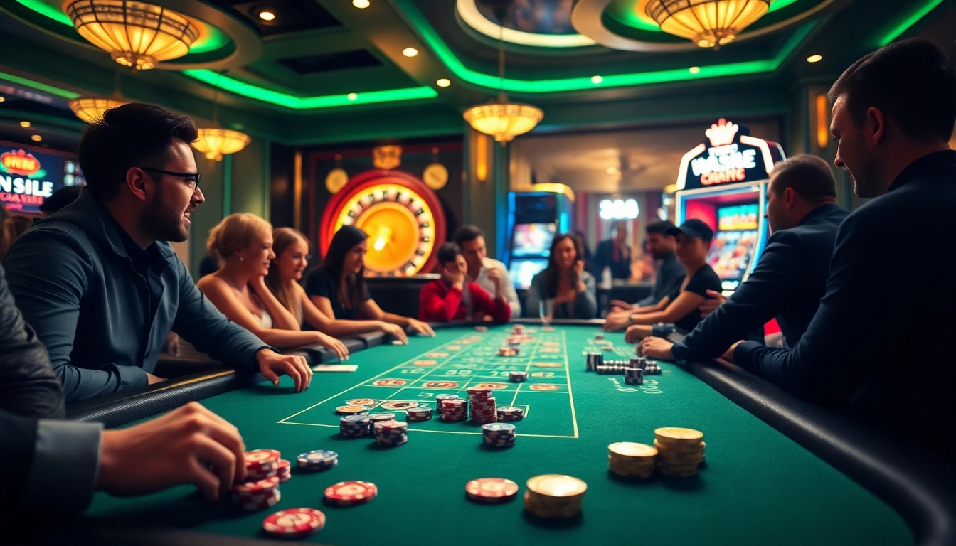 Players enjoying a thrilling moment at a W88 gaming table with vibrant poker chips and cards.