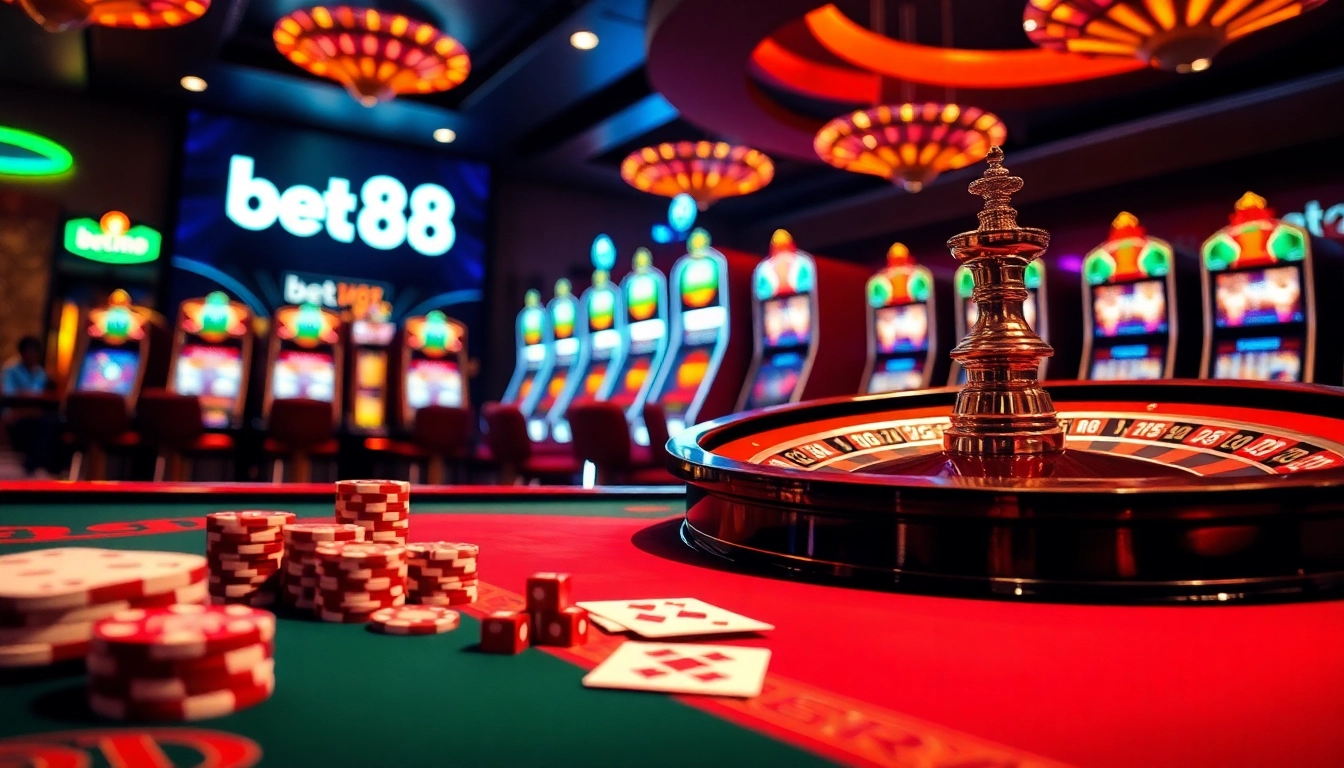 Bet88 casino scene showcasing exciting poker chips, dice, and roulette wheel in a luxurious setting.
