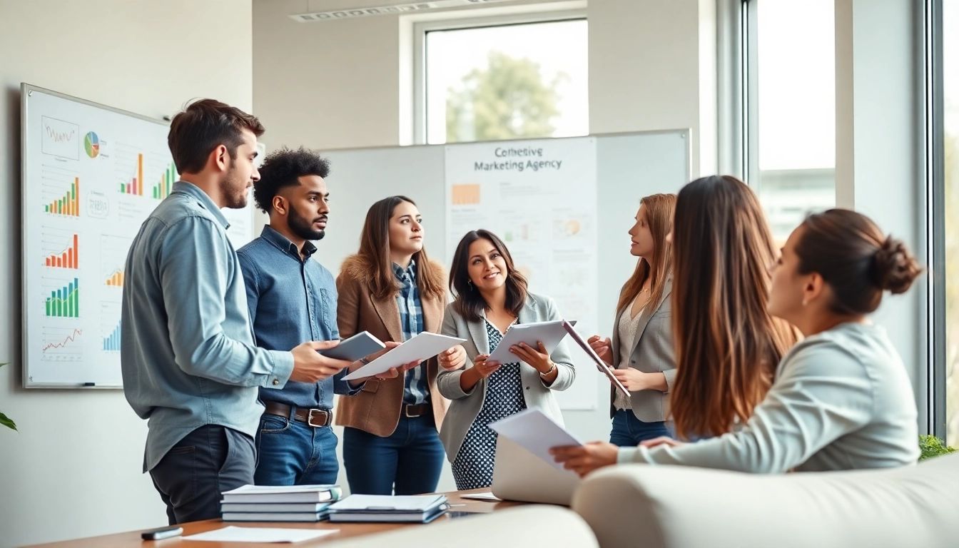 Dynamic team at a digital marketing agency brainstorming strategies in a bright office.