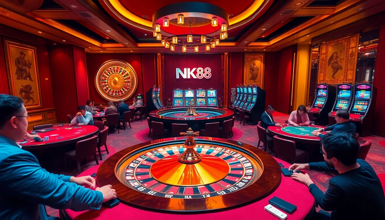 Engaged players enjoying nk88-themed table games in a luxurious casino setting.