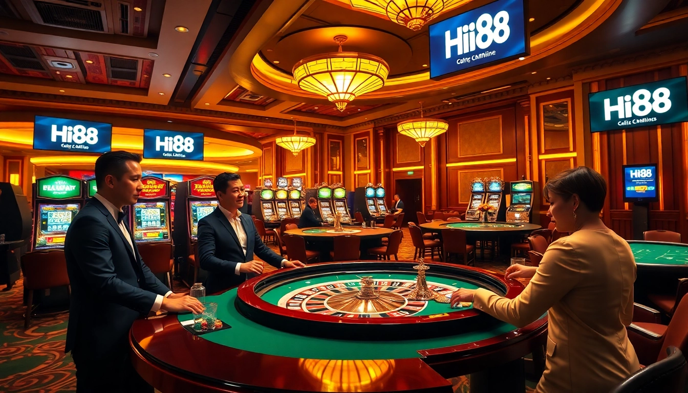 Hi88 casino players thrillingly competing at roulette and poker tables in an elegant setting.