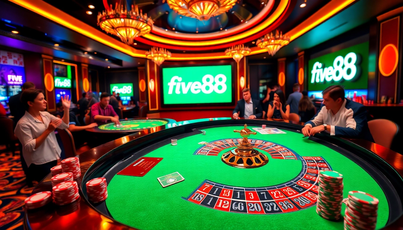 Experience the thrill of gaming with five88 at an elegant casino table with vibrant roulette.