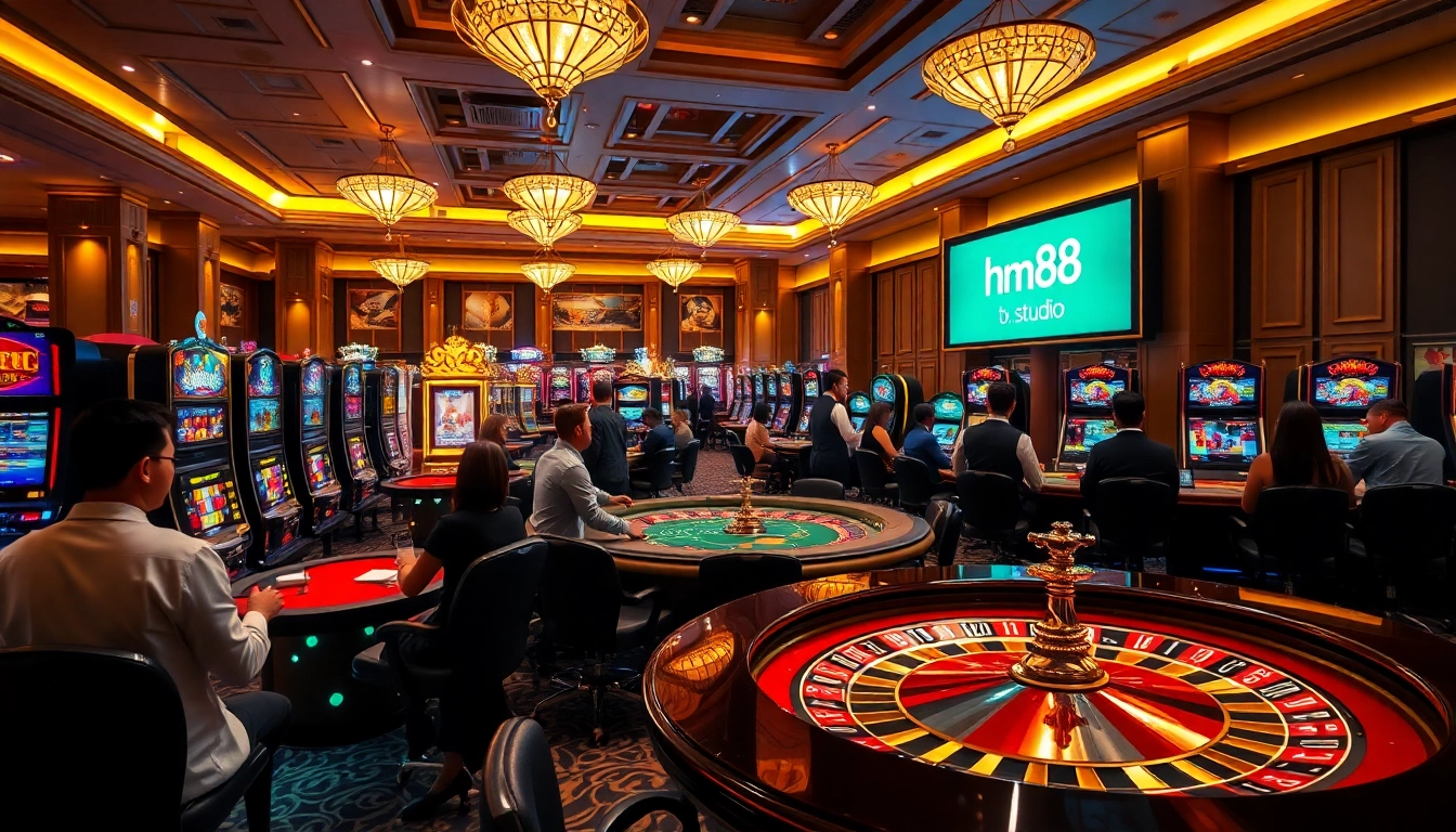 An engaging scene of players at hm88.studio, showcasing vibrant casino games and excitement.