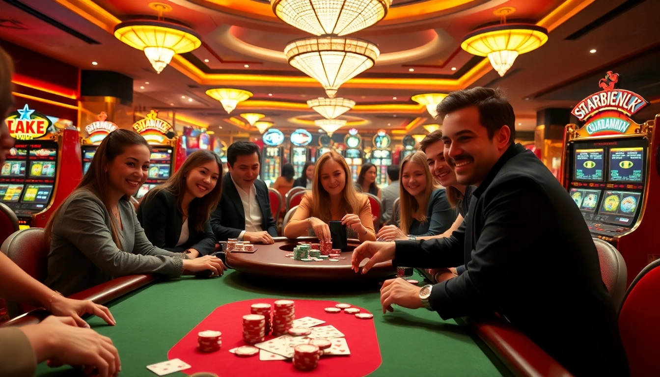 Players enjoying a thrilling poker game at a luxurious casino, highlighting tg88 com as the go-to online gambling platform.