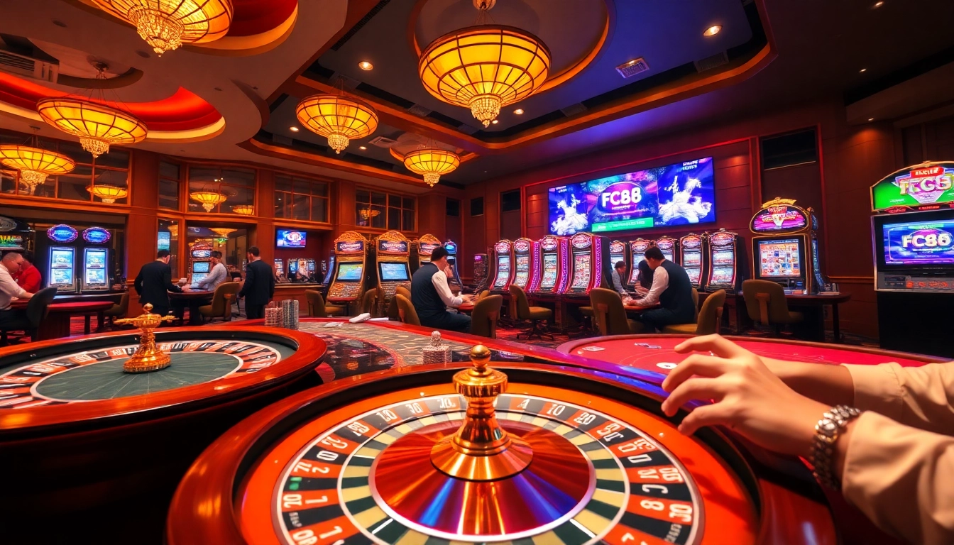 Experience thrilling gameplay at FC88 with luxurious casino elements and vibrant gaming accessories.