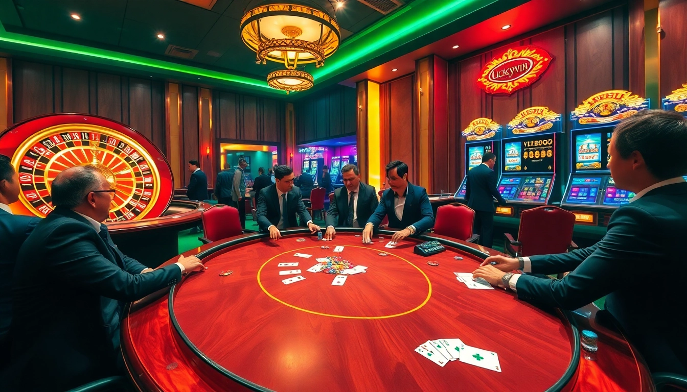 Experience high-stakes gaming at Luckywin casino with poker tables and vibrant slot machines.