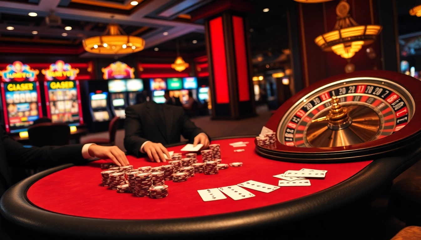 Intense poker action at SODO66, showcasing vibrant chips and glamorous players in a luxury casino setting.