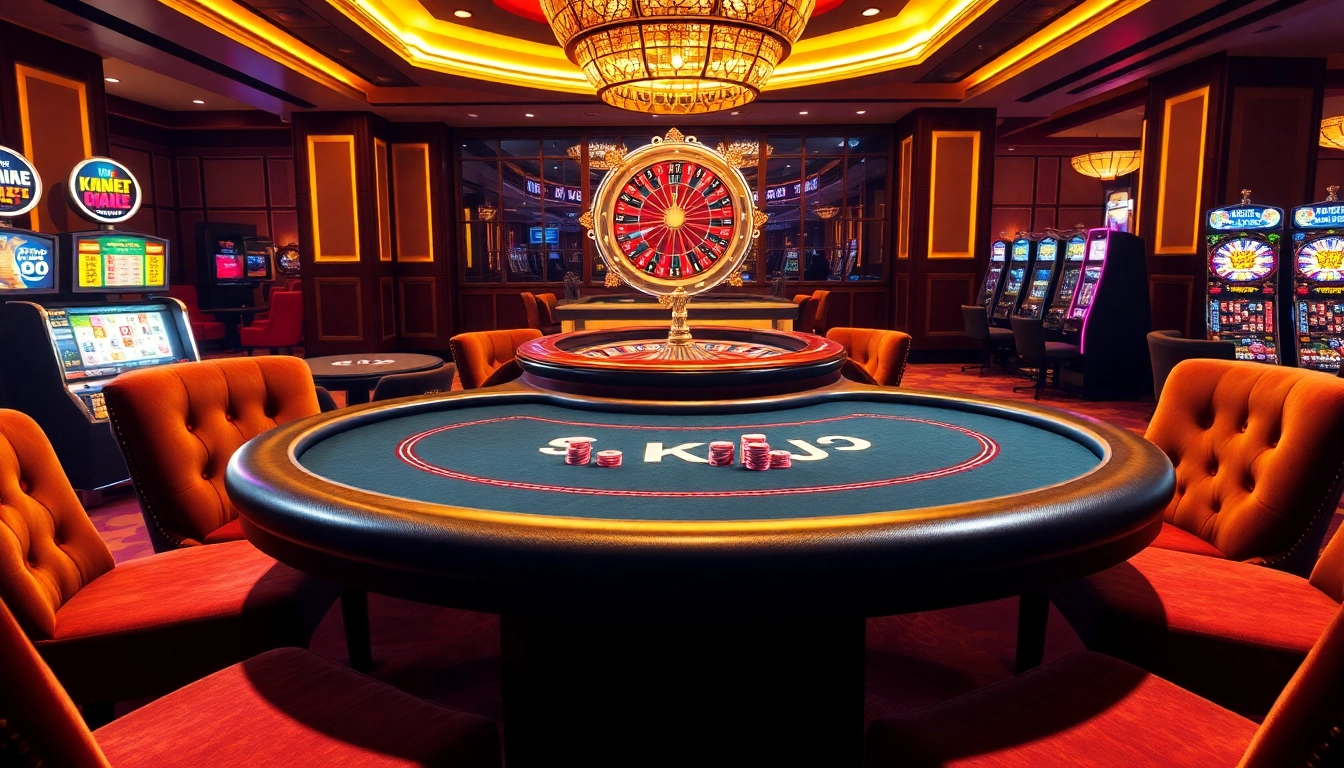 KJC poker table surrounded by vibrant chips and cards, showcasing an exciting casino atmosphere.