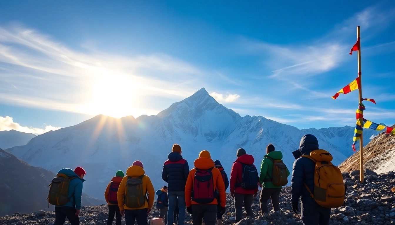 Trekkers enjoying the scenic views during the Everest Base Camp Trek, surrounded by majestic peaks and vibrant prayer flags.