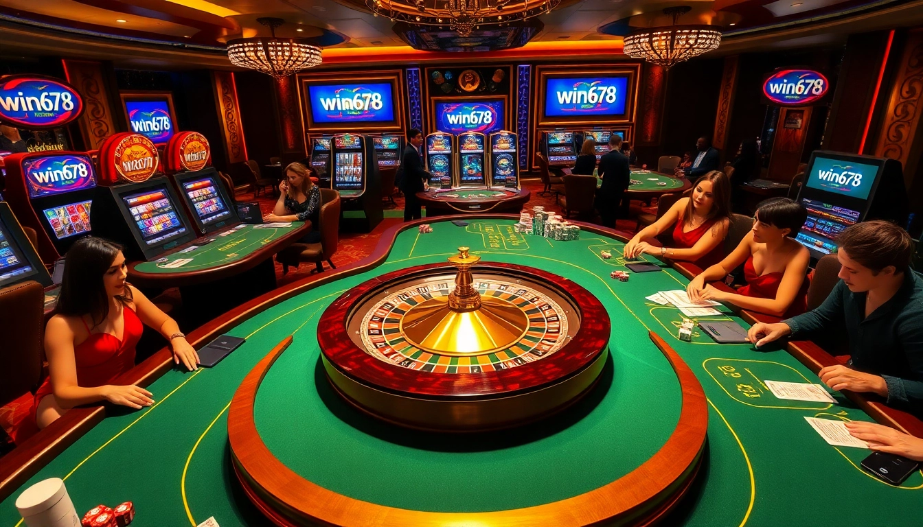 Experience excitement at win678 with players enjoying roulette and poker tables in a luxurious casino.