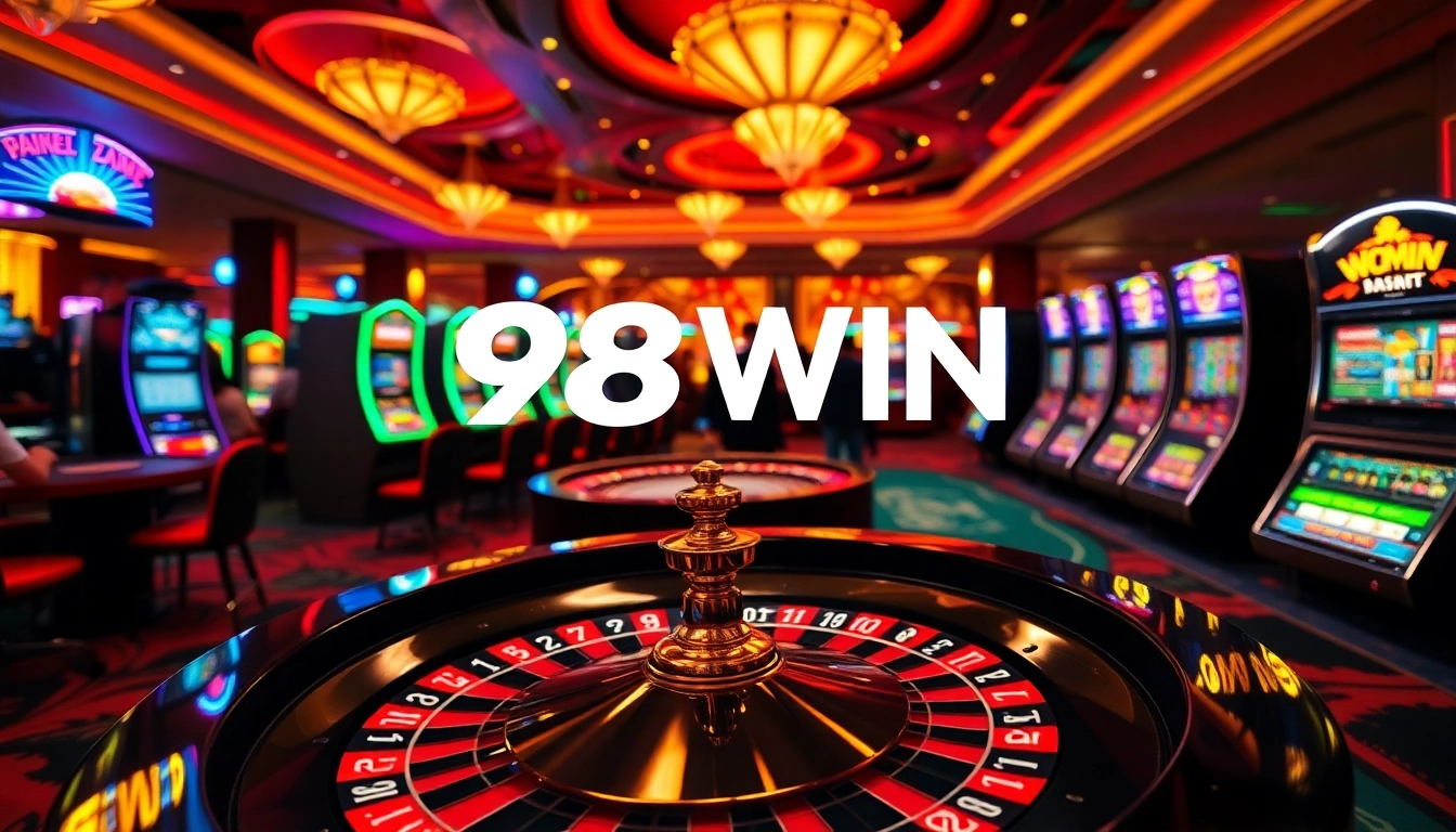 Action-packed gambling scene featuring 98WIN, roulette tables, and vibrant casino lights.