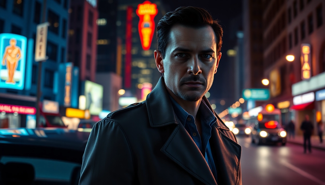 Private investigator analyzing clues in a city street illuminated by neon lights.