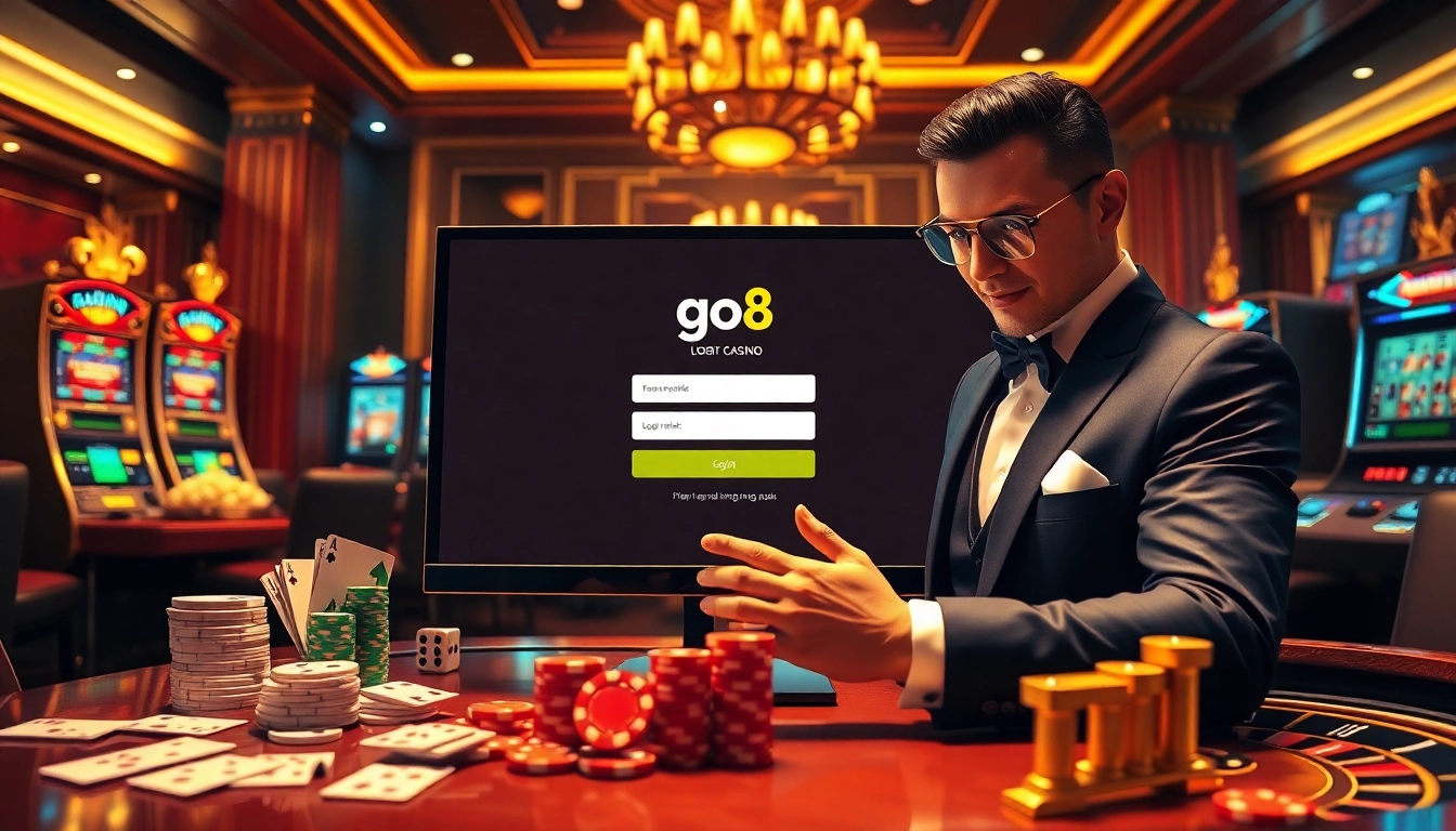 Login interface for go8 đăng nhập surrounded by sleek casino elements and poker chips, evoking excitement.