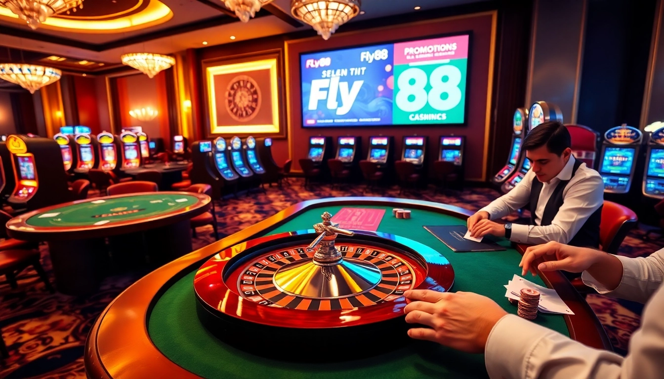 Experience the thrill of Fly88 with luxurious casino gaming tables and sparkling slot machines.