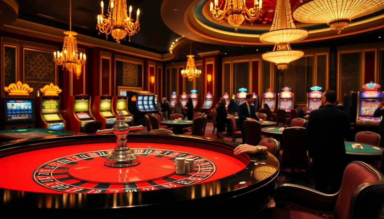 Players engage in high-stakes gambling, showcasing 88i at a luxurious casino roulette table amidst vibrant slot machines.