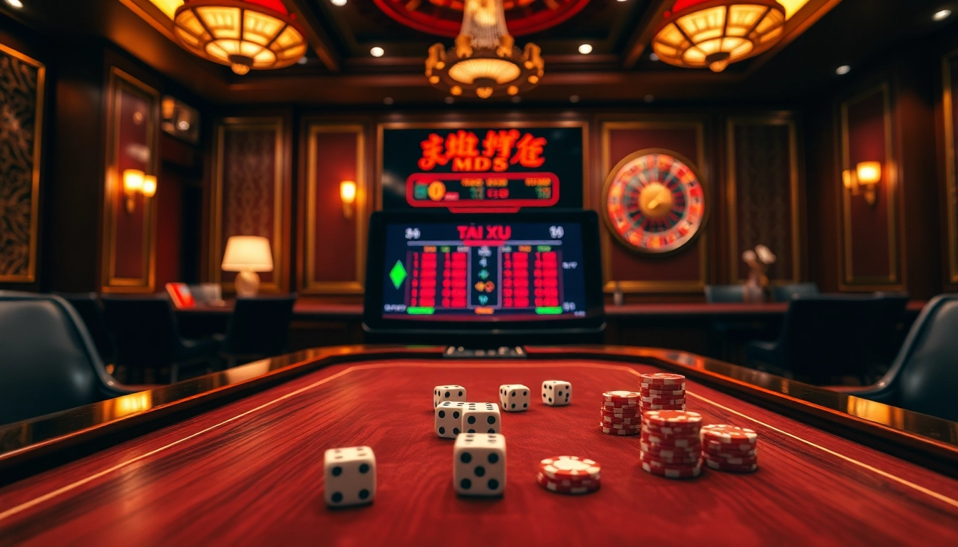Tài xỉu md5 game setup with luxurious table, dice, and vibrant chips in an upscale casino.