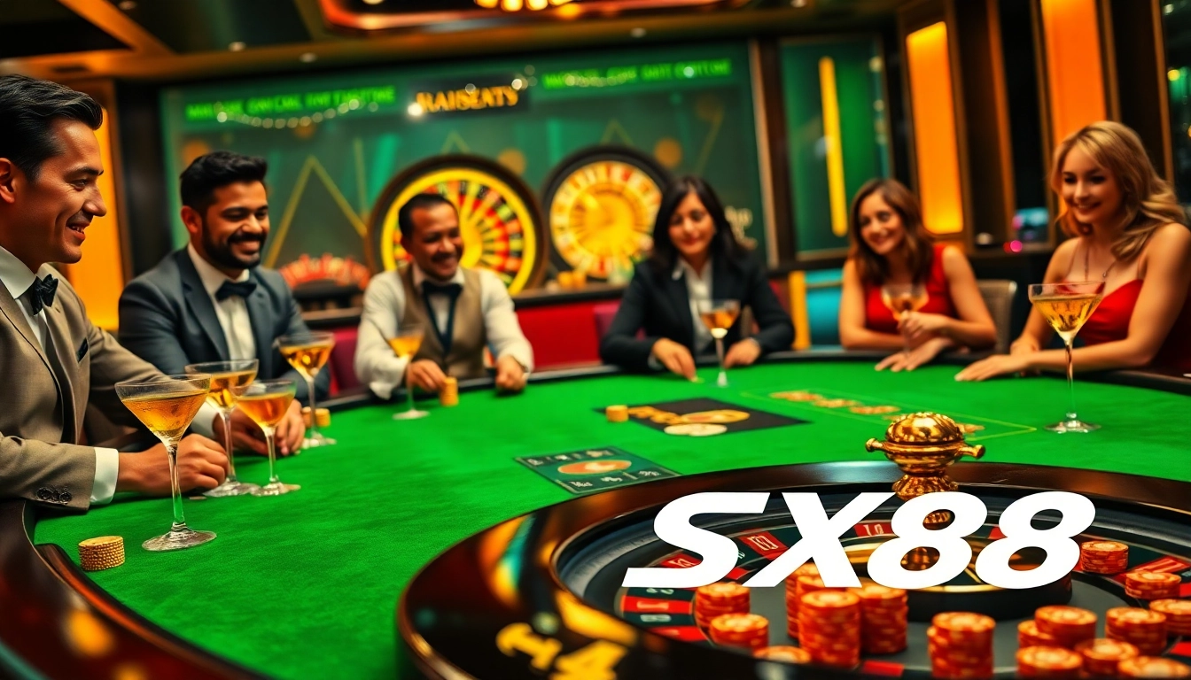 SX88 Casino scene with luxurious tables, poker chips, and an engaging roulette wheel.