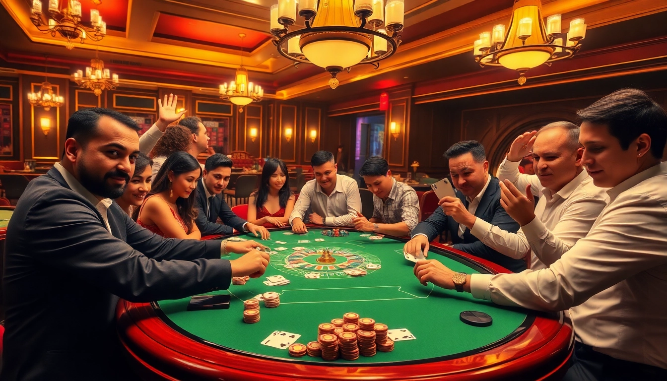 Experience ph33 excitement with players engaged in a high-stakes poker game in a luxurious casino.