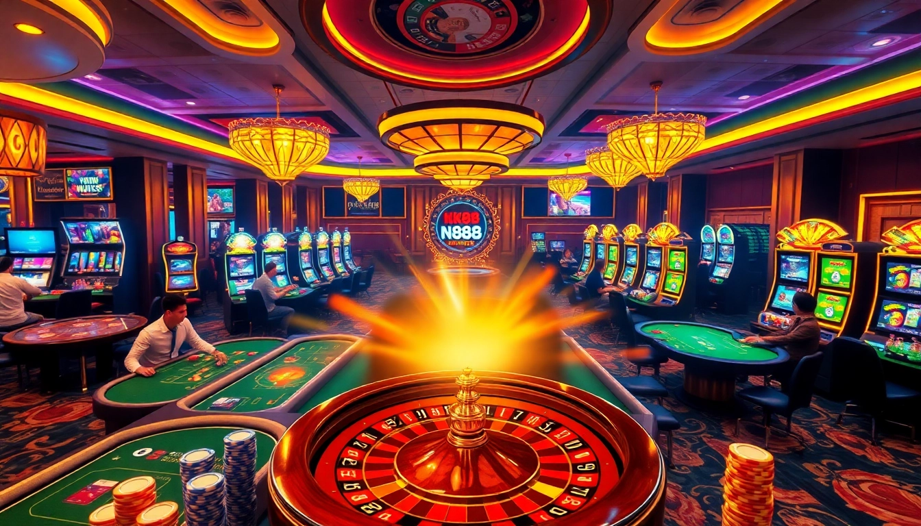 Experience the excitement of website nk88 with vibrant casino gaming tables and glowing slot machines.