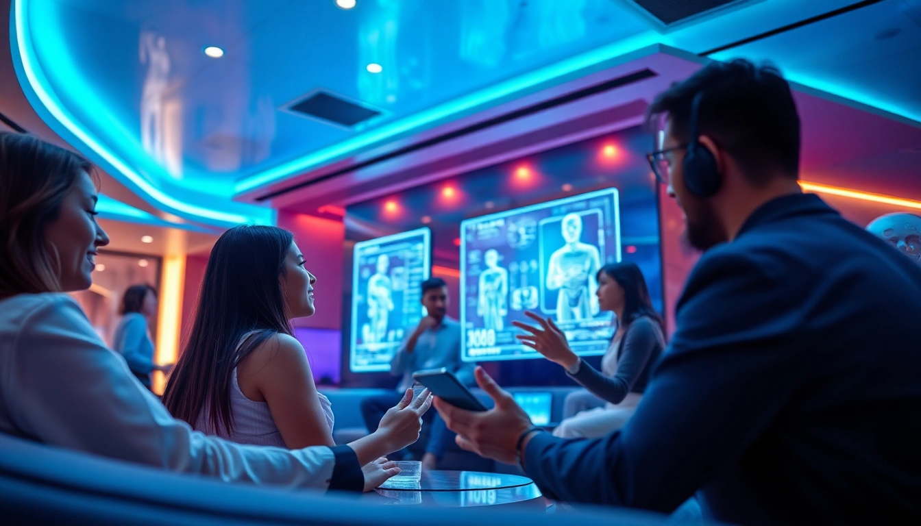 Engaging users interacting with nsfw ai chatbots in a futuristic digital lounge.