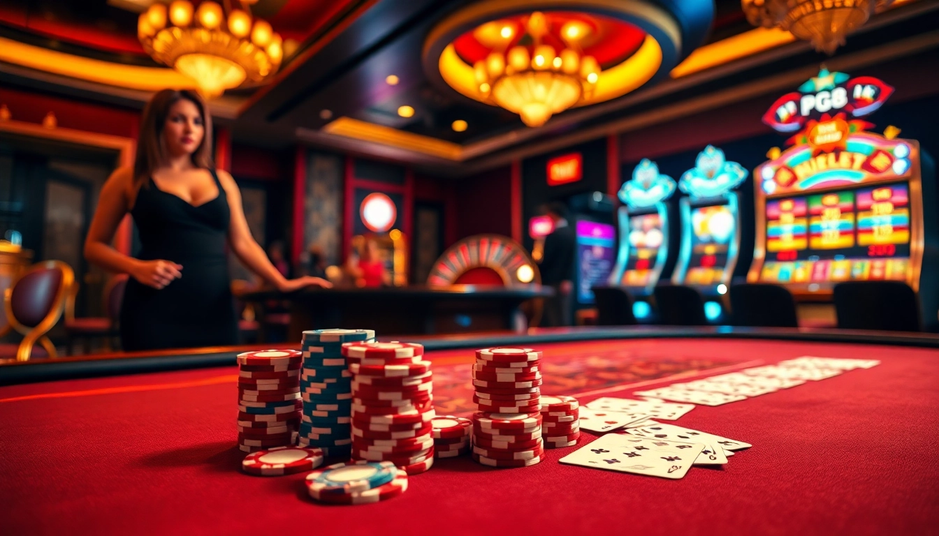 Casino players engaged at a poker table showcasing PG88 chips and cards, highlighting excitement.